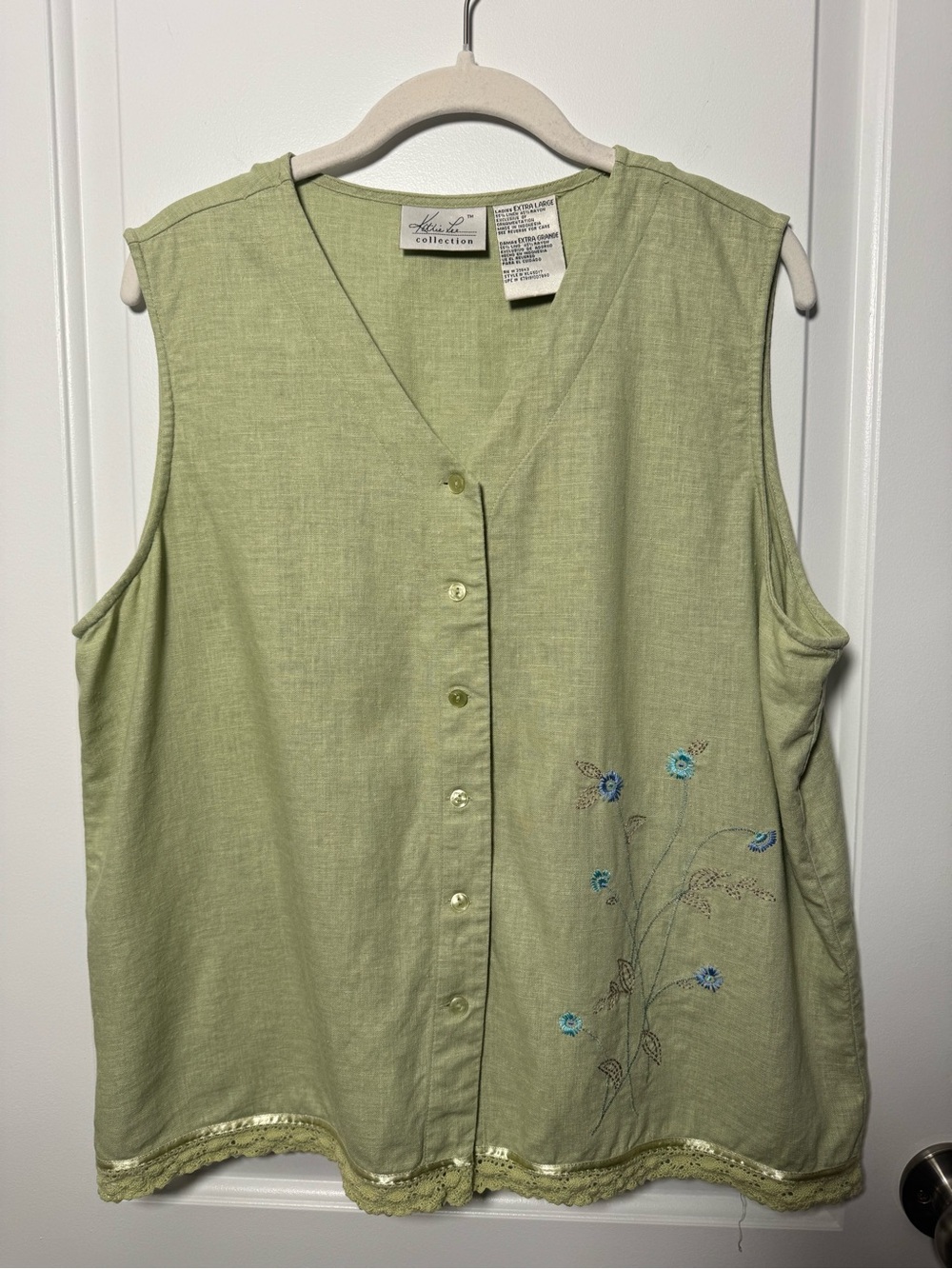 Kathie Lee Collection Sage Green Linen Blend Embroidered Cottagecore Vest - XL
